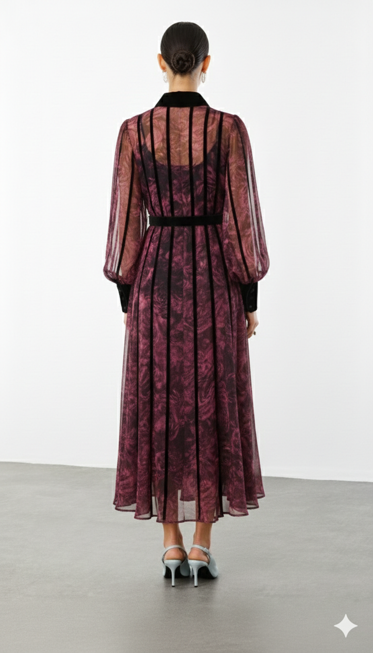 Kadife Şeritli Çiçekli Şifon Maksi Elbise MÜRDÜM