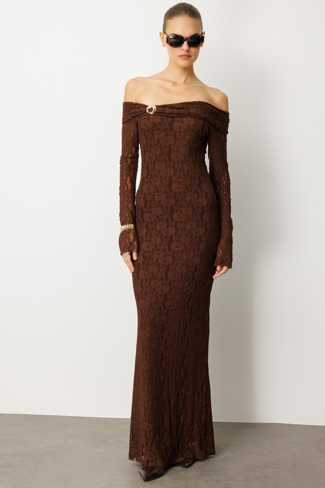 Kayık Yaka Dantel Elbise KAHVE