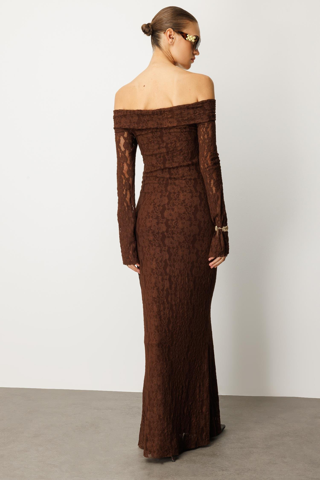 Kayık Yaka Dantel Elbise KAHVE