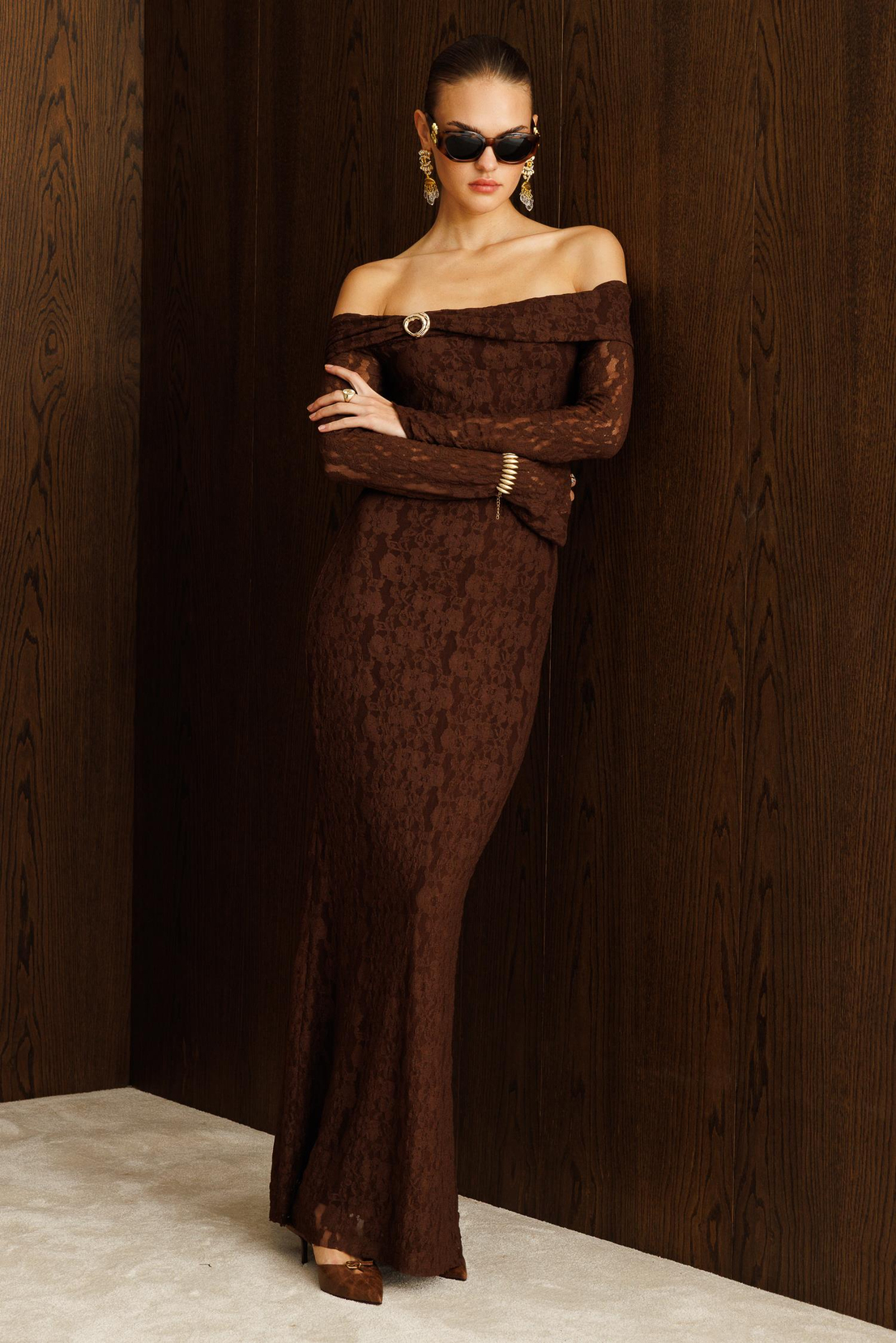 Kayık Yaka Dantel Elbise KAHVE