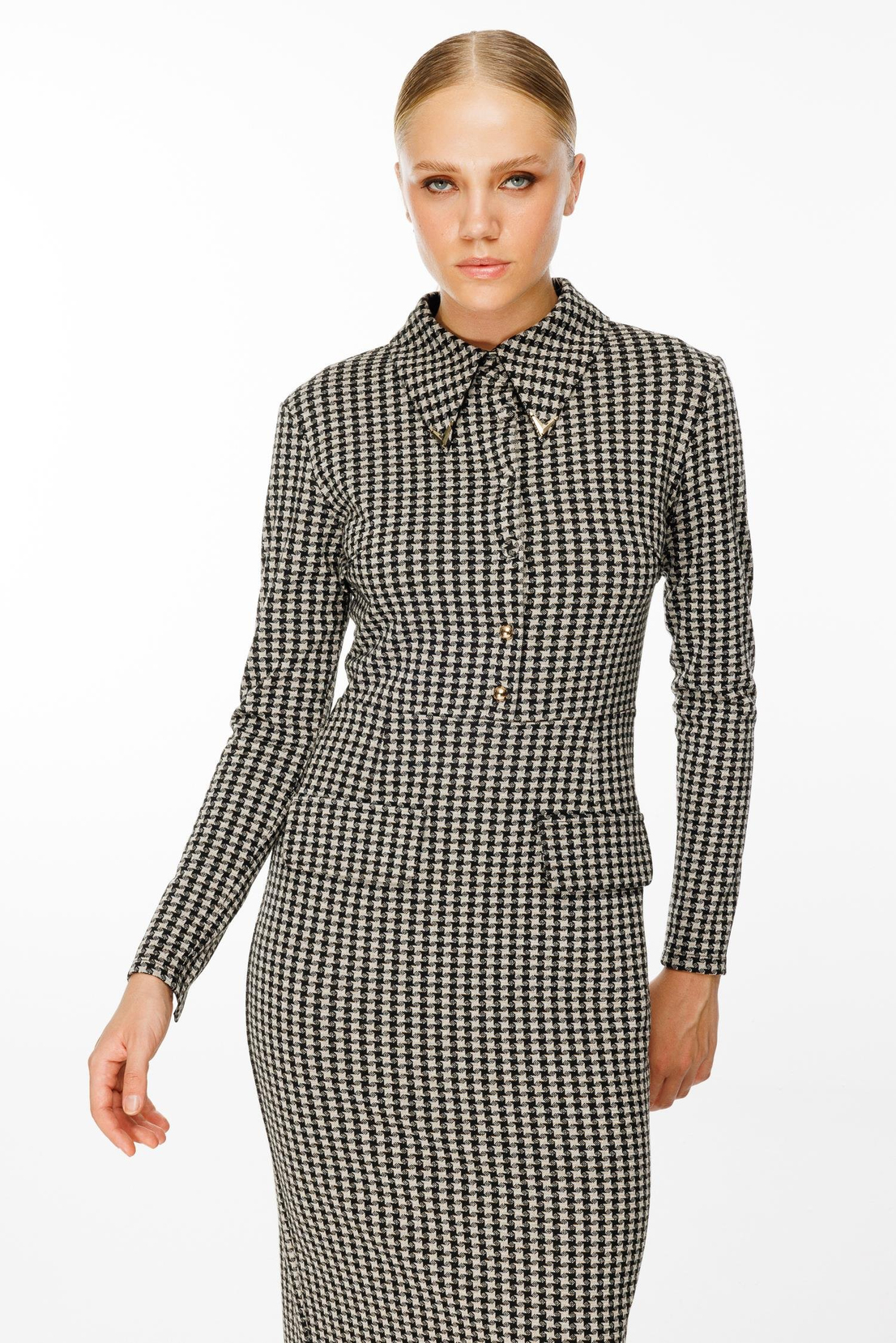 Kazayağı Desen Kapak Cepli Elbise SİYAH