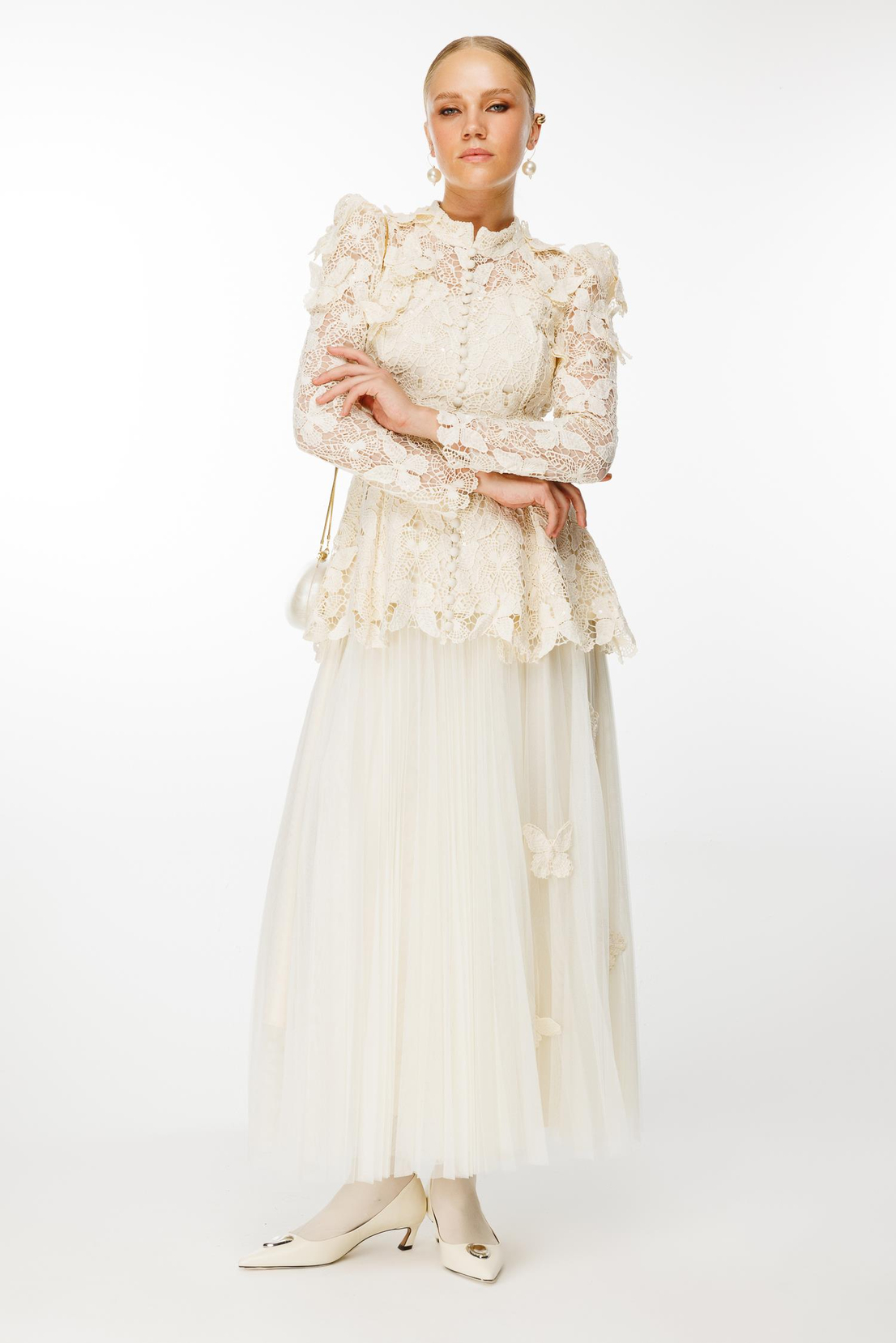 Kelebek Dantel 2'li Takım EKRU