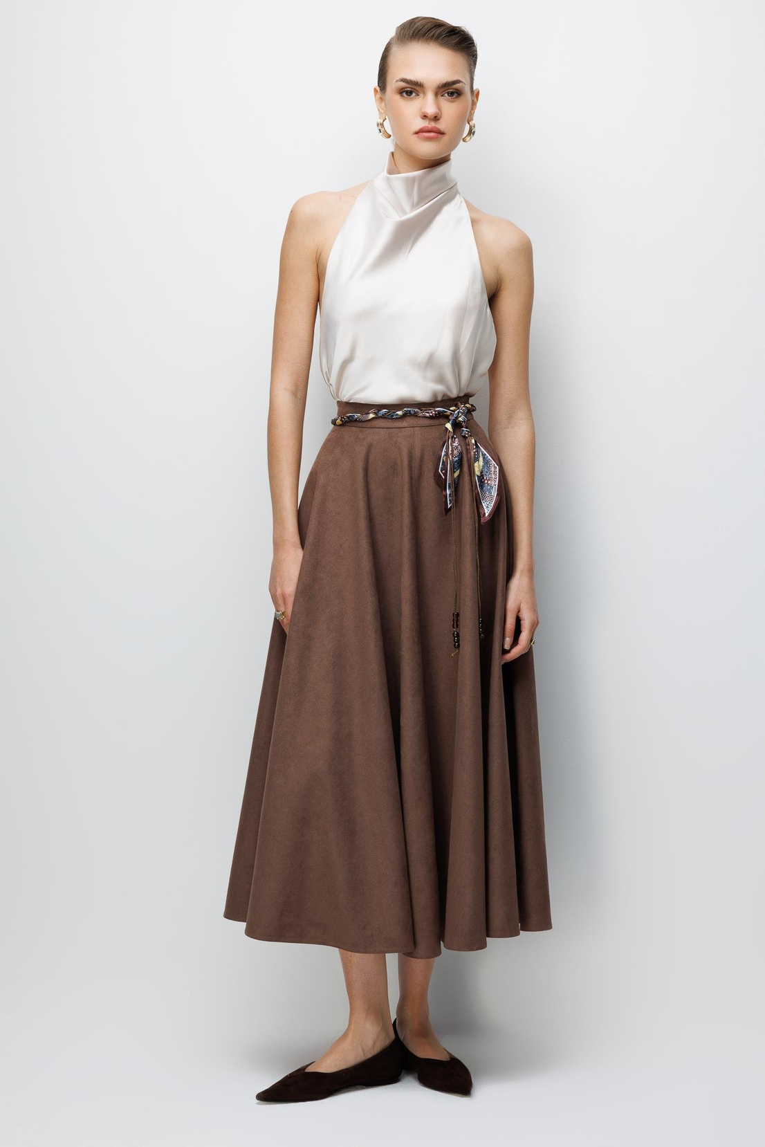 Kemer Detaylı Volanlı Süet Etek KAHVE
