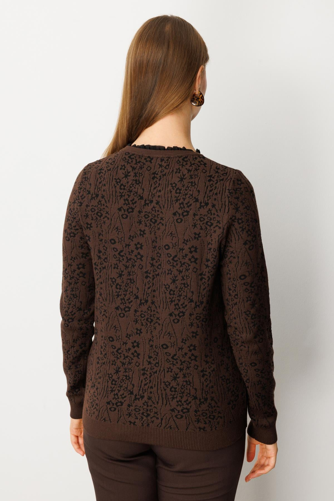 Kendinden Desenli Önü Düğmeli Kazak KAHVE