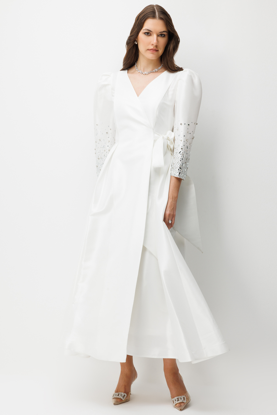 Kol Taş Detaylı Kruvaze Bağlamalı V Yaka Abiye BEYAZ