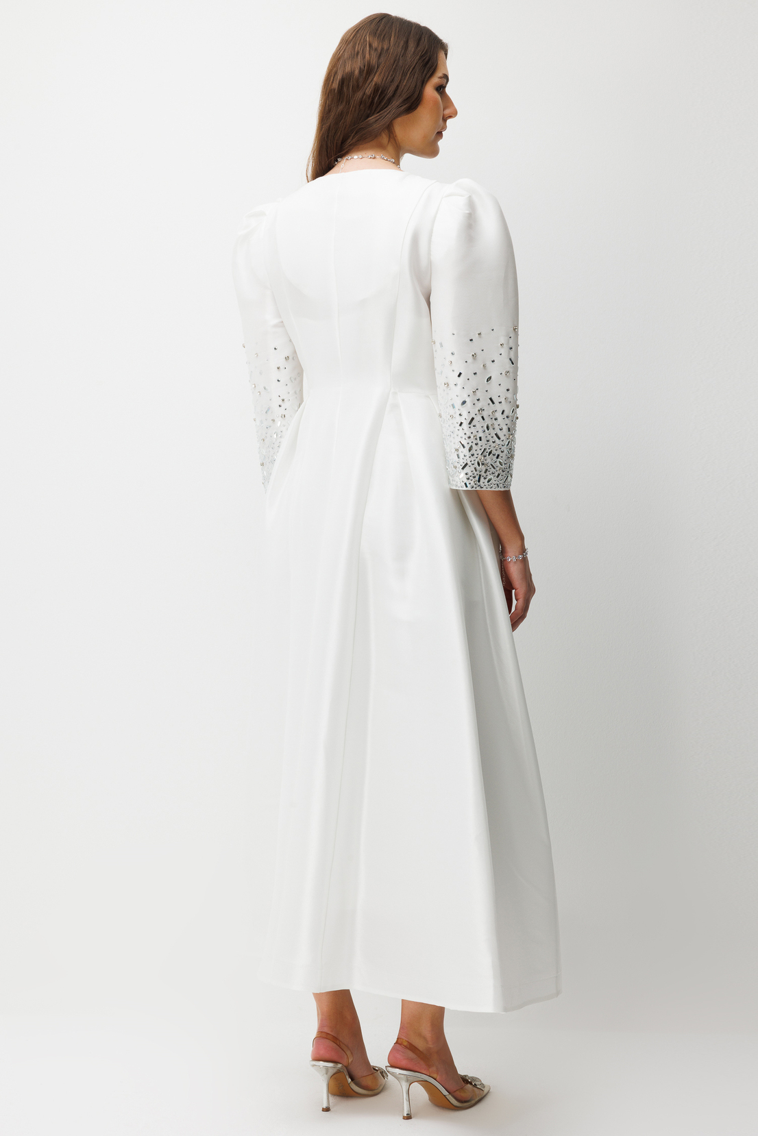 Kol Taş Detaylı Kruvaze Bağlamalı V Yaka Abiye BEYAZ