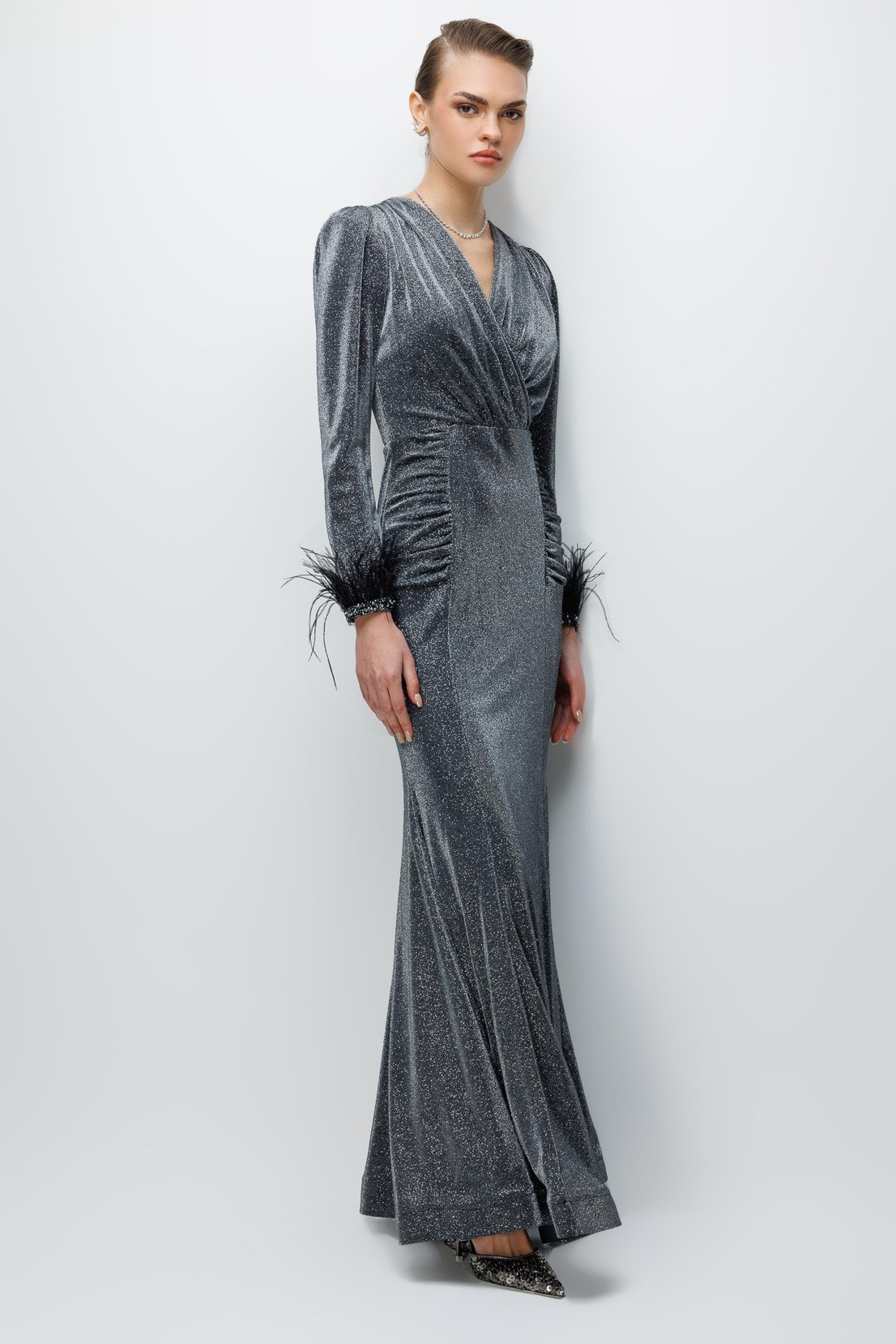 Kol Tüylü Uzun Kol Drape Elbise ANTRASİT