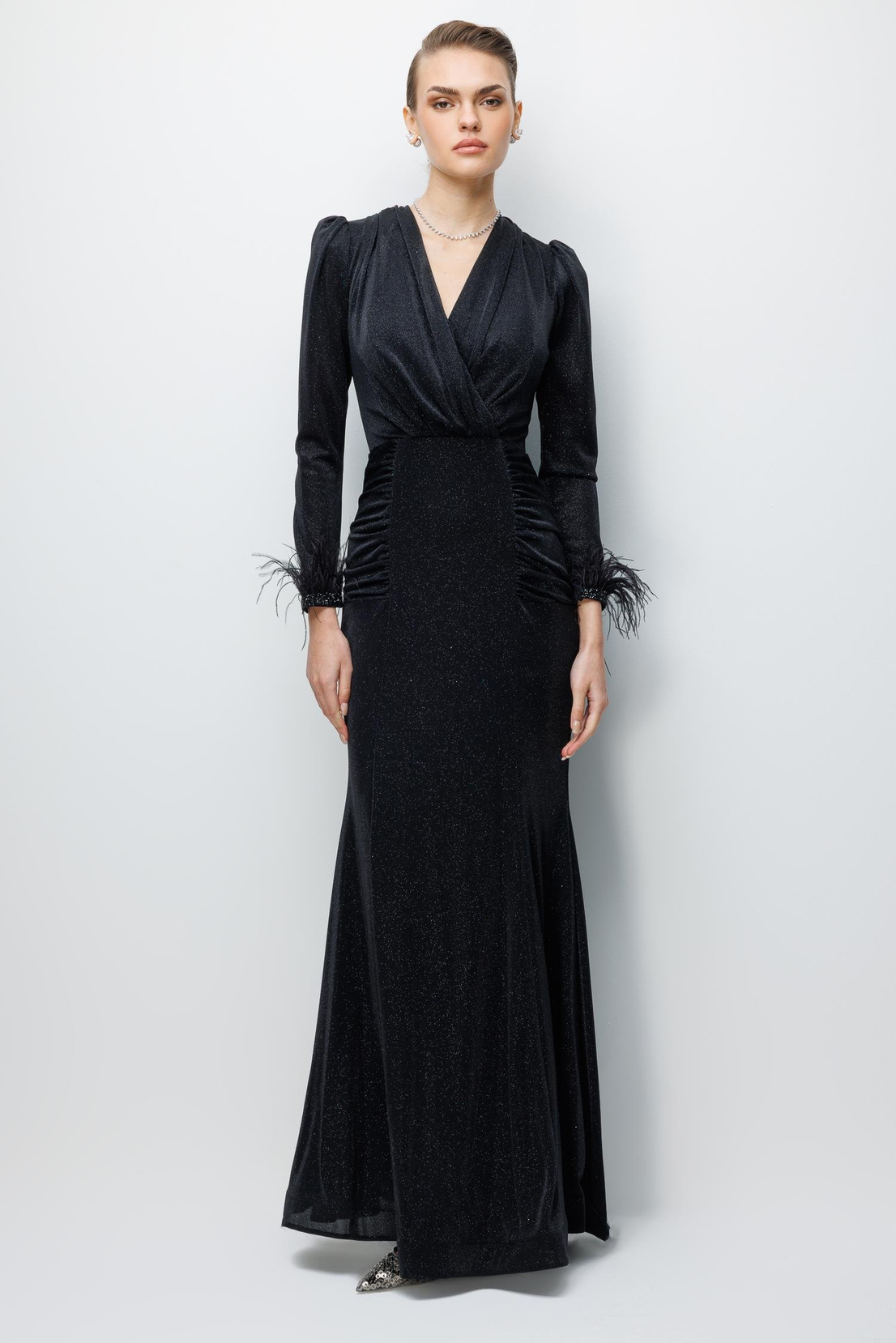 Kol Tüylü Uzun Kol Drape Elbise SİYAH