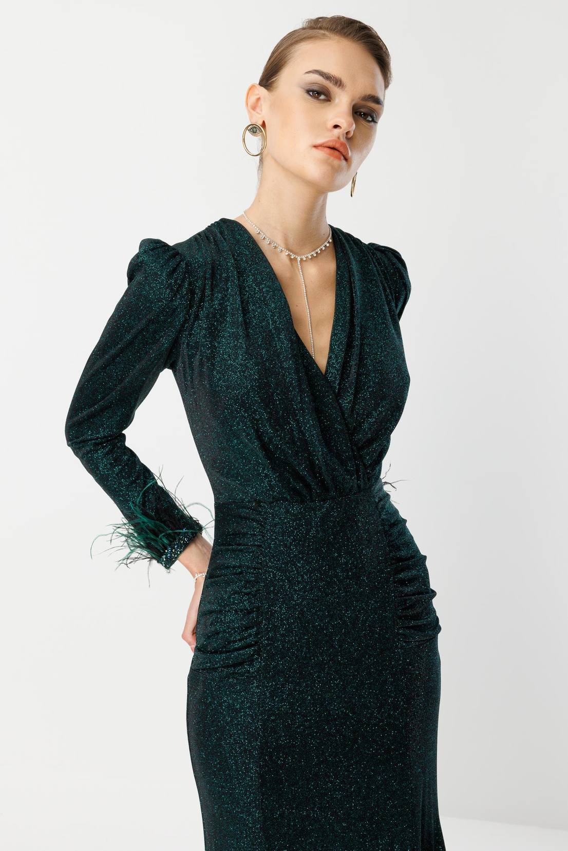 Kol Tüylü Uzun Kol Drape Elbise ZÜMRÜT