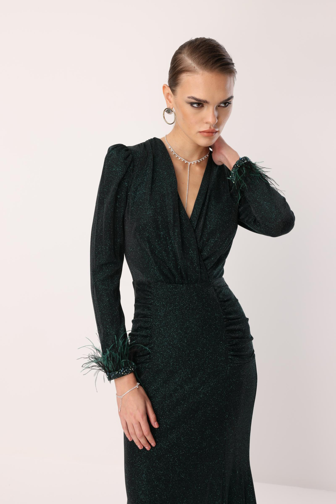 Kol Tüylü Uzun Kol Drape Elbise ZÜMRÜT