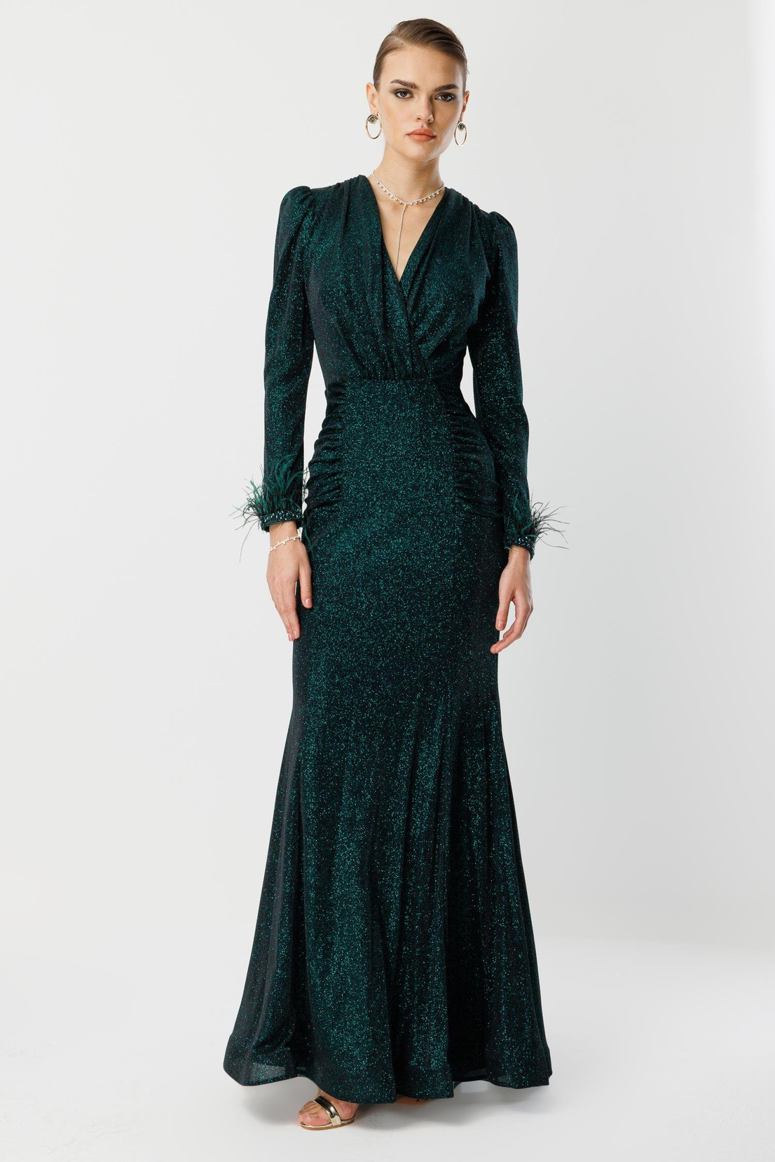 Kol Tüylü Uzun Kol Drape Elbise ZÜMRÜT