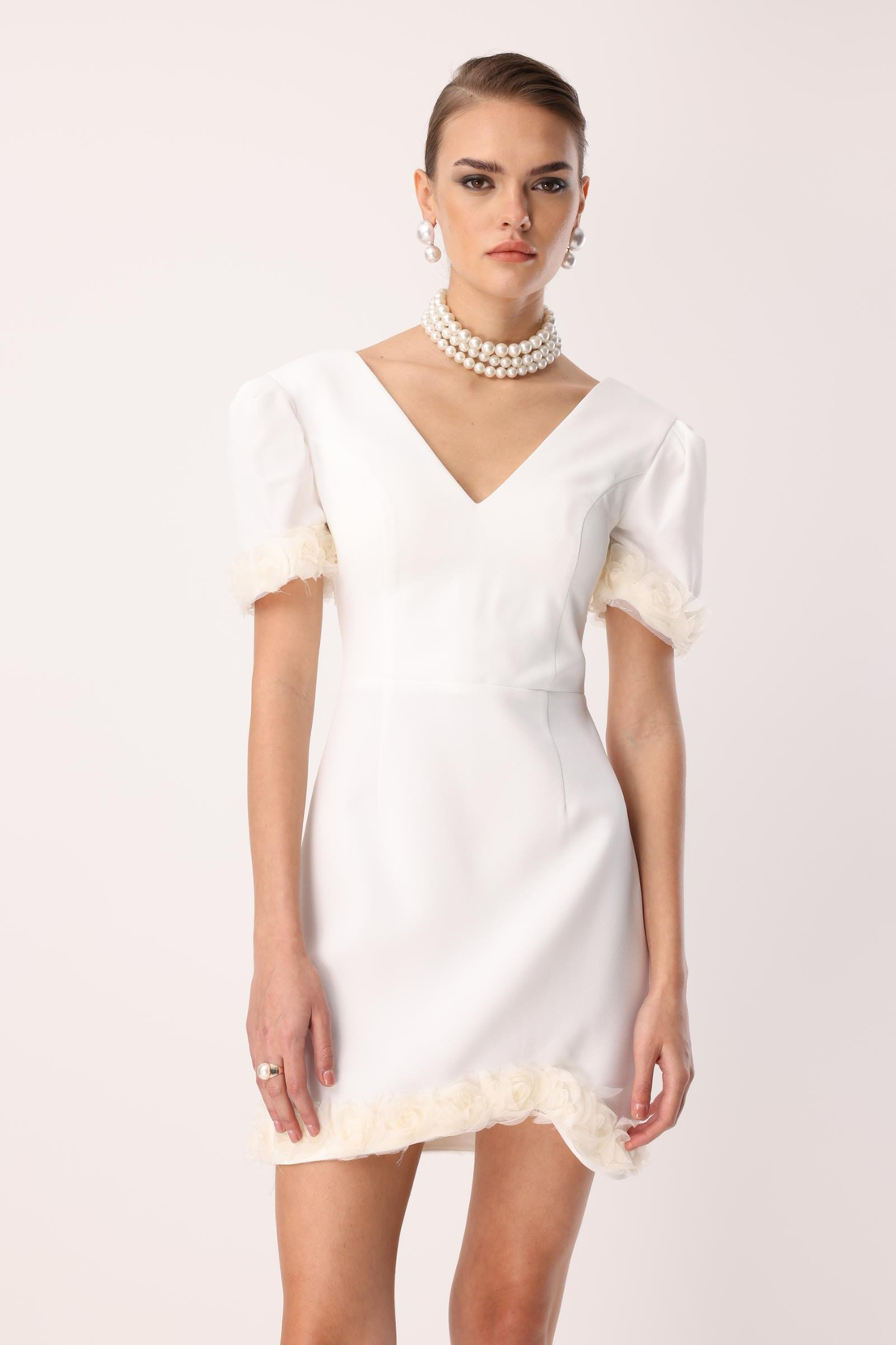 Kol Ve Etek Ucu Gül Detaylı Elbise EKRU