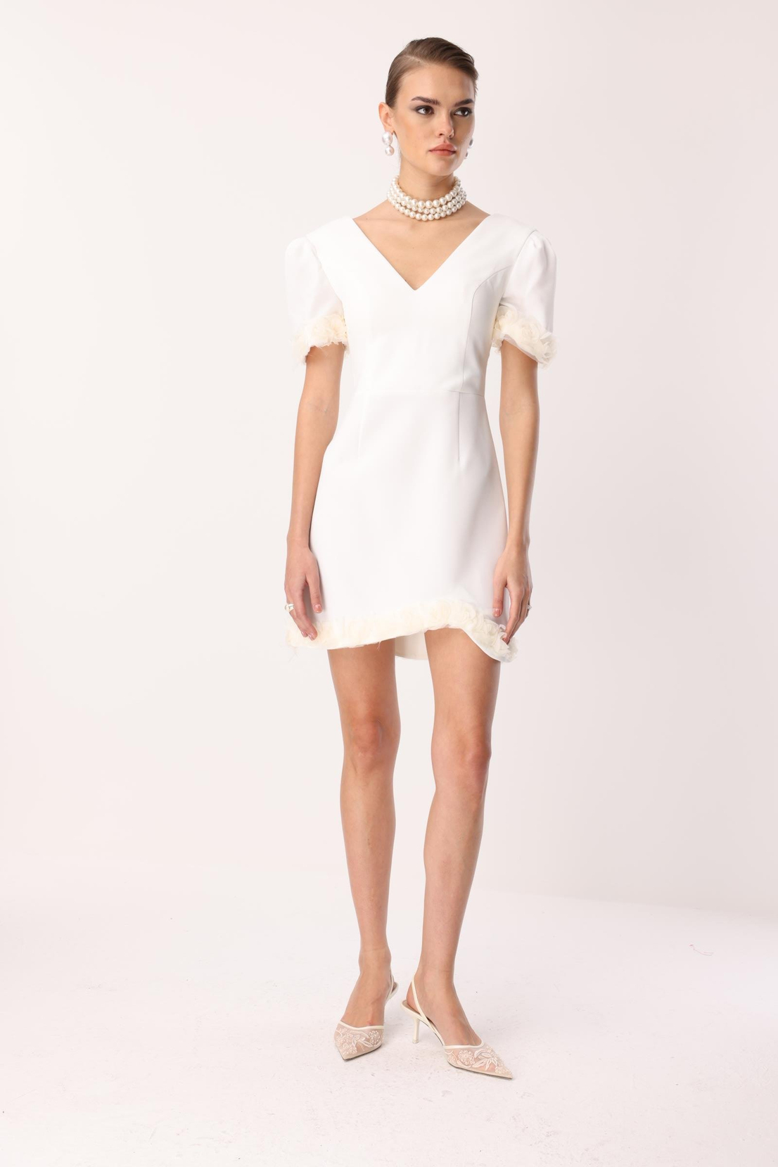 Kol Ve Etek Ucu Gül Detaylı Elbise EKRU