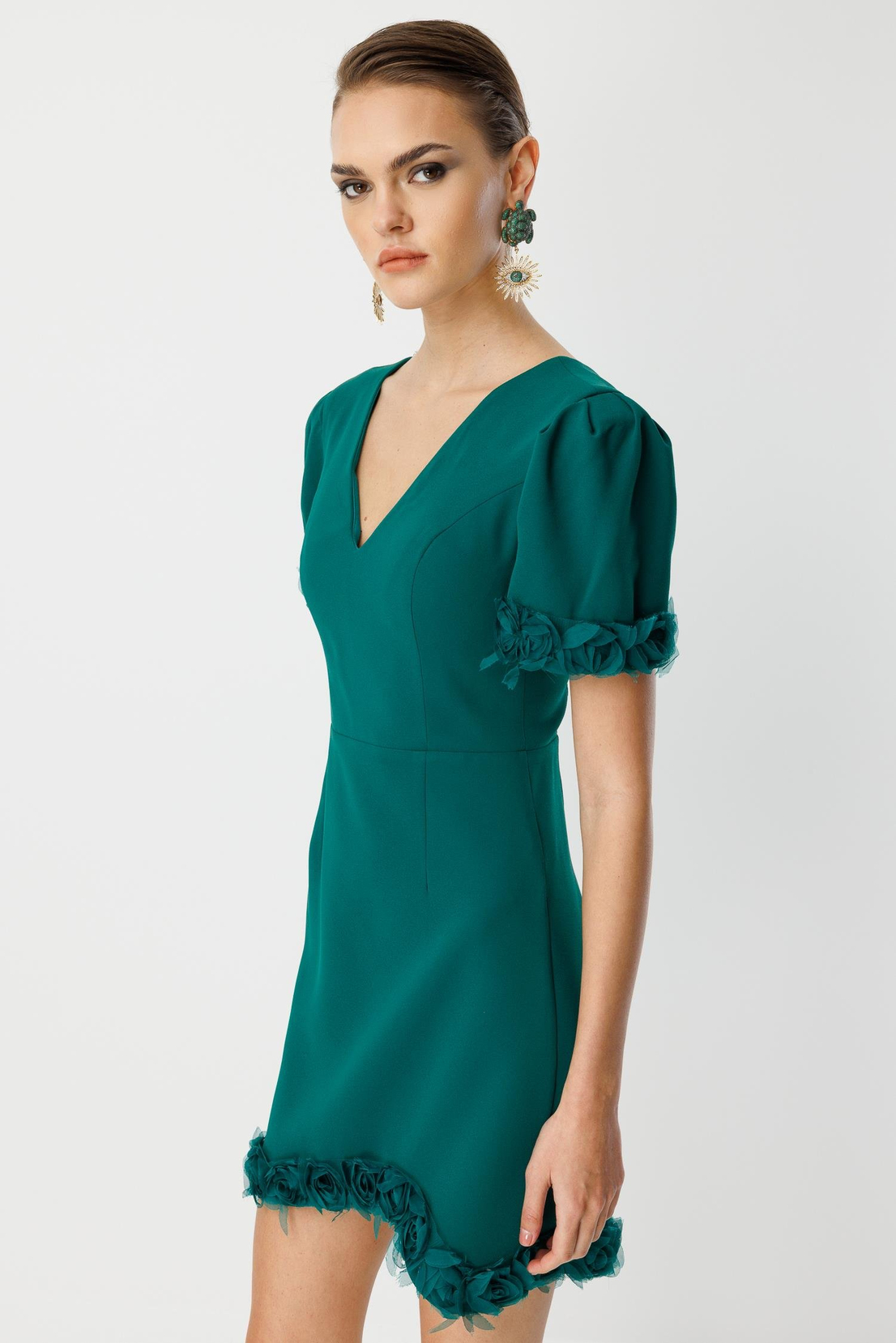 Kol Ve Etek Ucu Gül Detaylı Elbise ZÜMRÜT