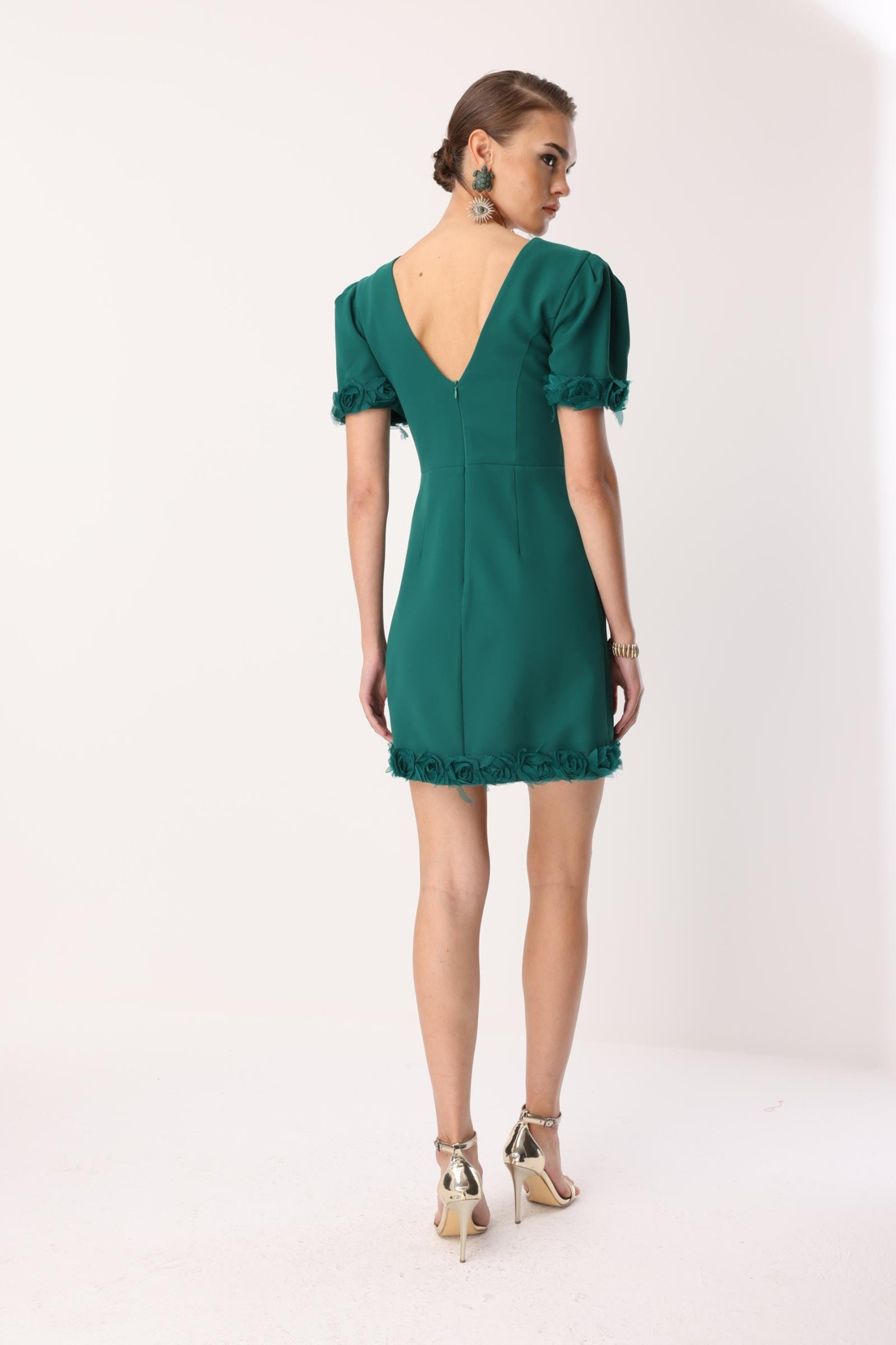 Kol Ve Etek Ucu Gül Detaylı Elbise ZÜMRÜT