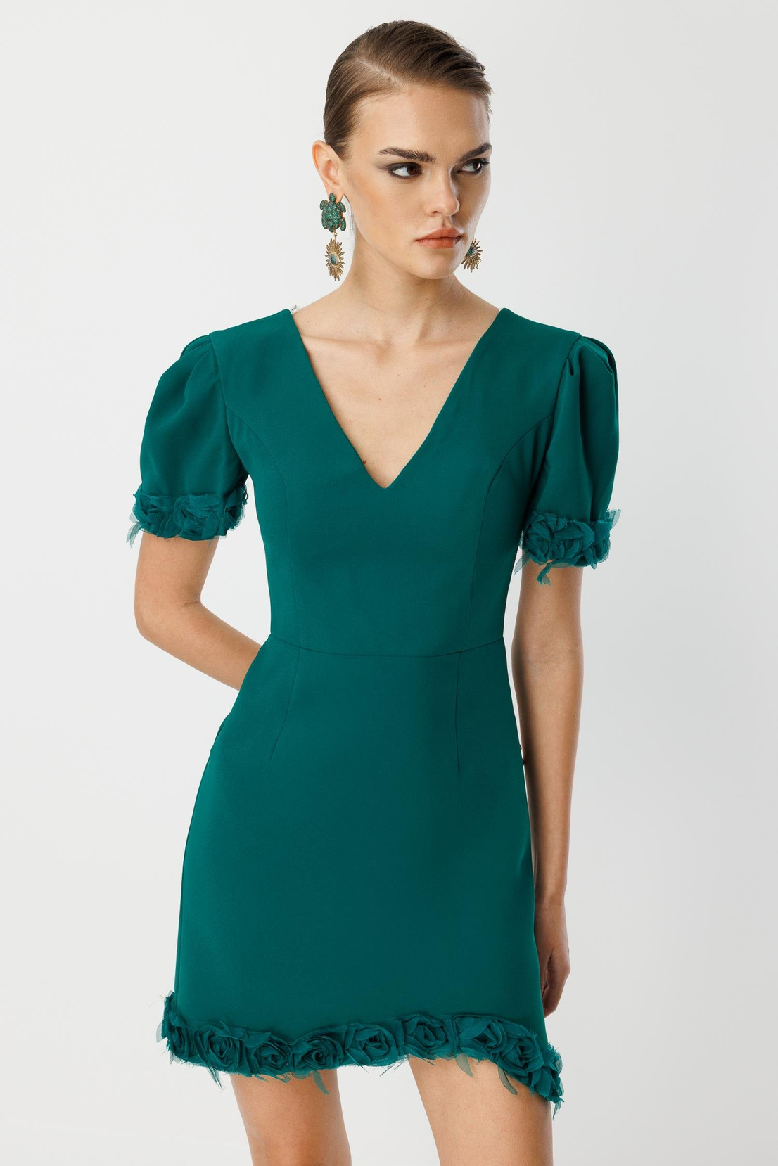 Kol Ve Etek Ucu Gül Detaylı Elbise ZÜMRÜT