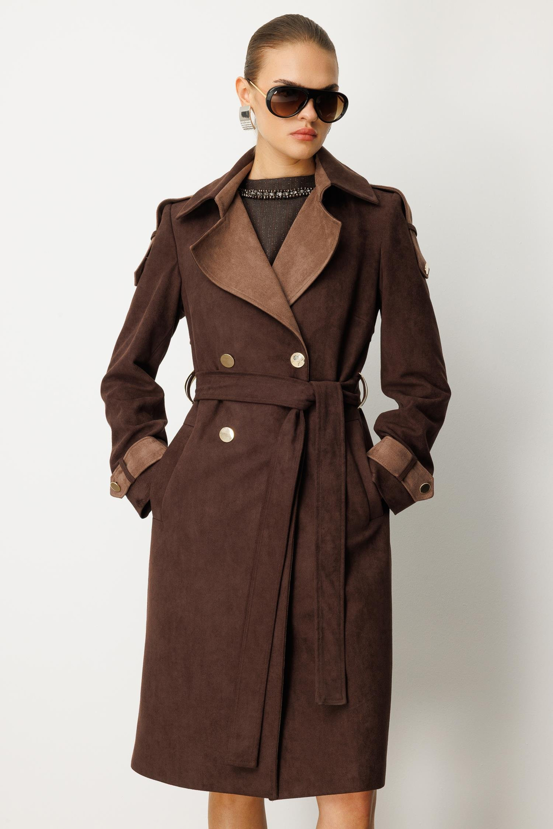 Kontrast Renk Süet Garnili Trençkot KAHVE