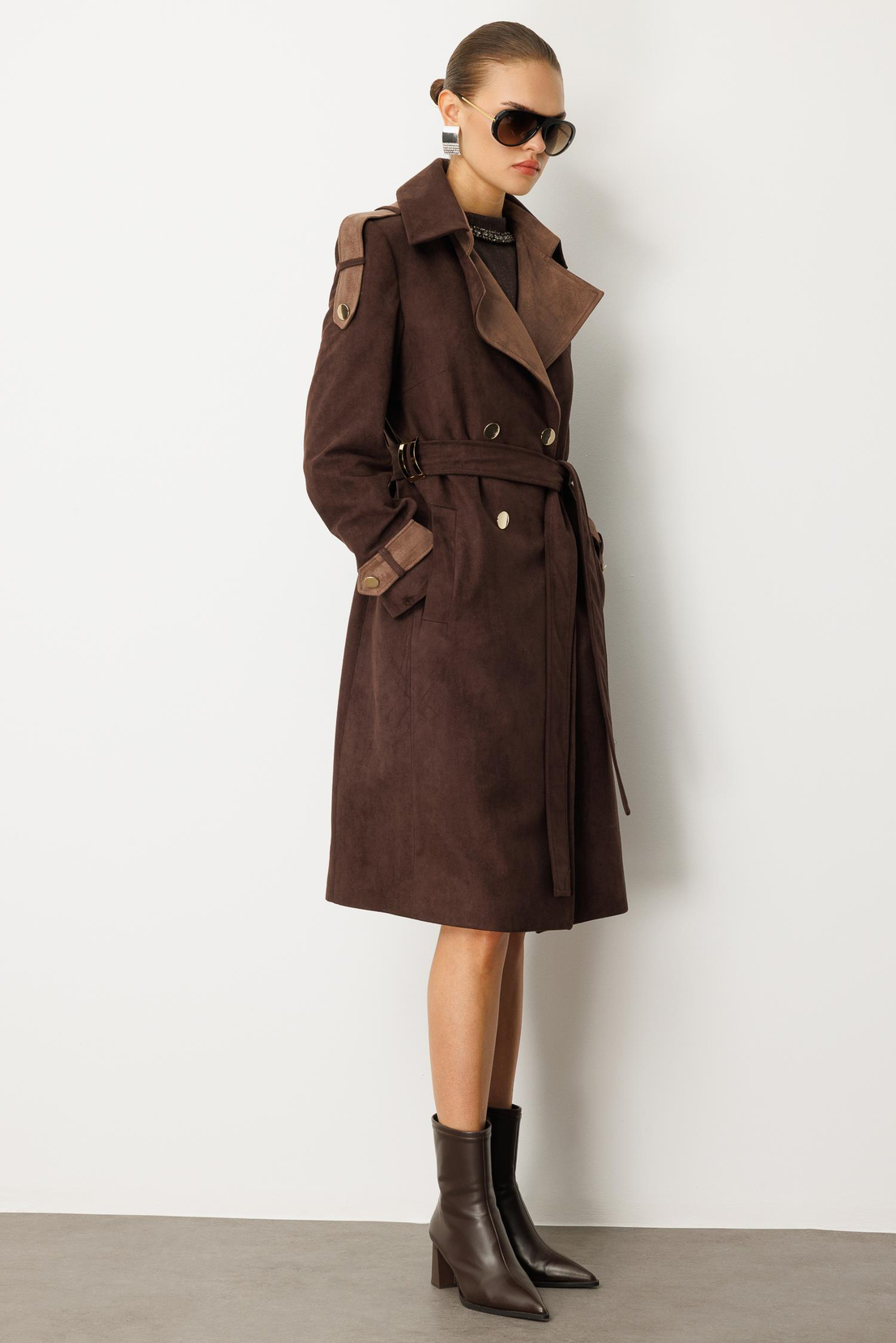 Kontrast Renk Süet Garnili Trençkot KAHVE