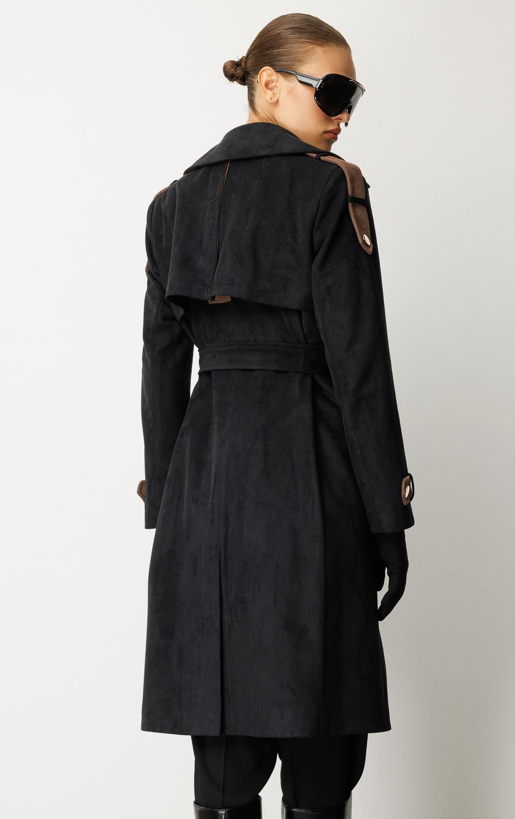 Kendi Kumaşından Garnili Trençkot SİYAH