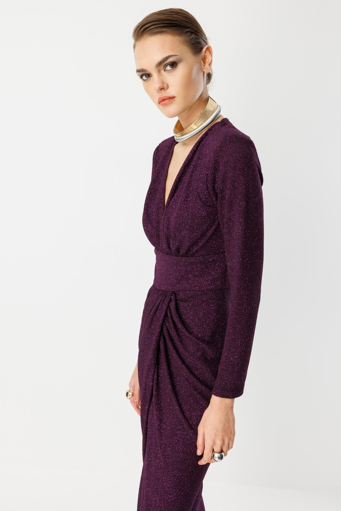 Kruvaze Drape Elbise MÜRDÜM