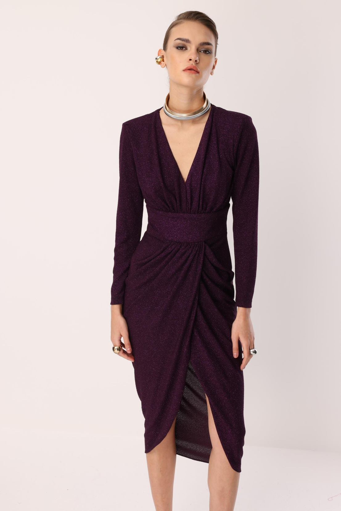 Kruvaze Drape Elbise MÜRDÜM