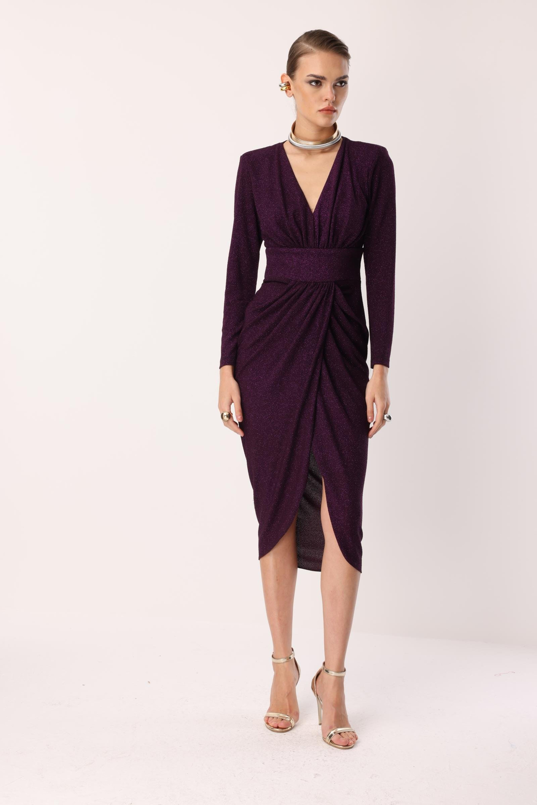 Kruvaze Drape Elbise MÜRDÜM