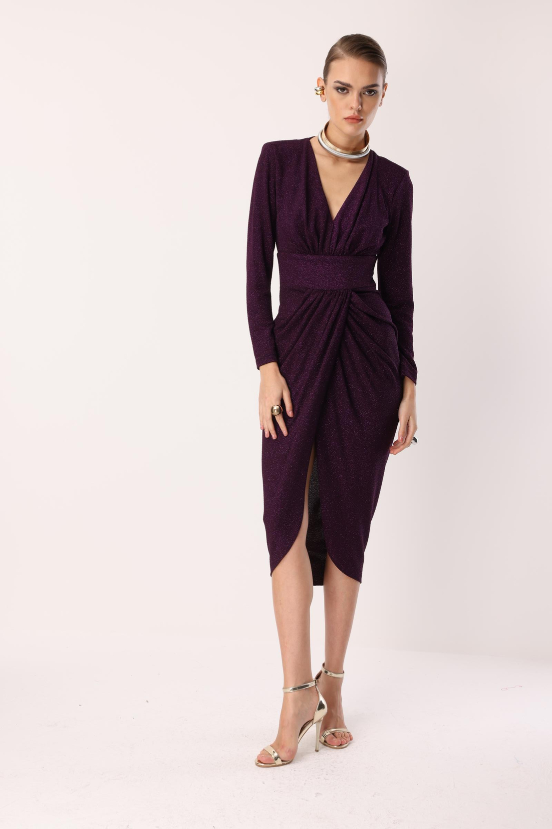 Kruvaze Drape Elbise MÜRDÜM