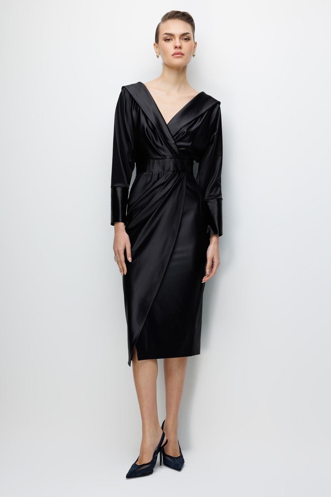 Kruvaze Yaka Saten Elbise SİYAH