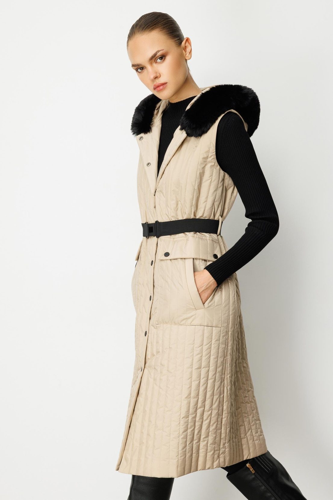 Kürk Detaylı Uzun Yelek BEJ