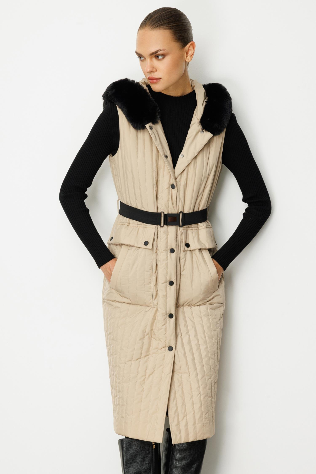 Kürk Detaylı Uzun Yelek BEJ