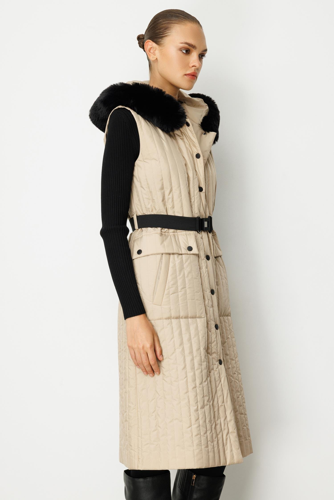 Kürk Detaylı Uzun Yelek BEJ