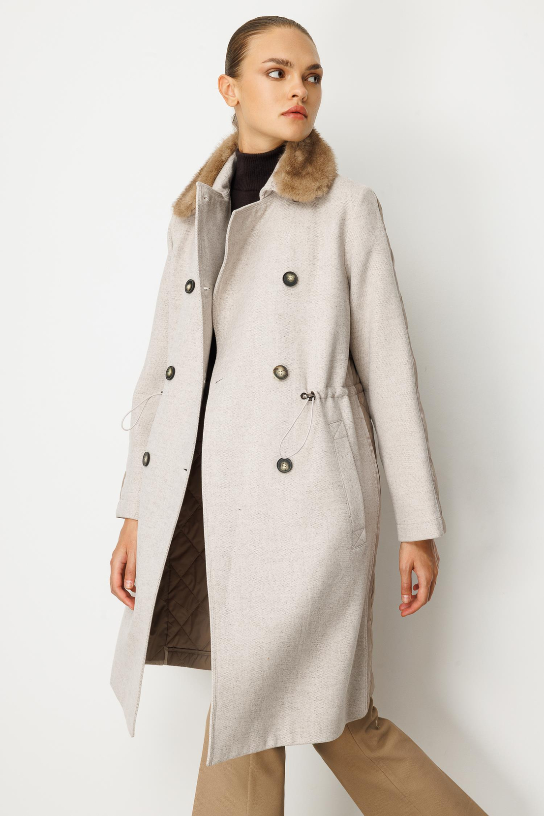 Kürk Yakalı Oversize Mont BEJ