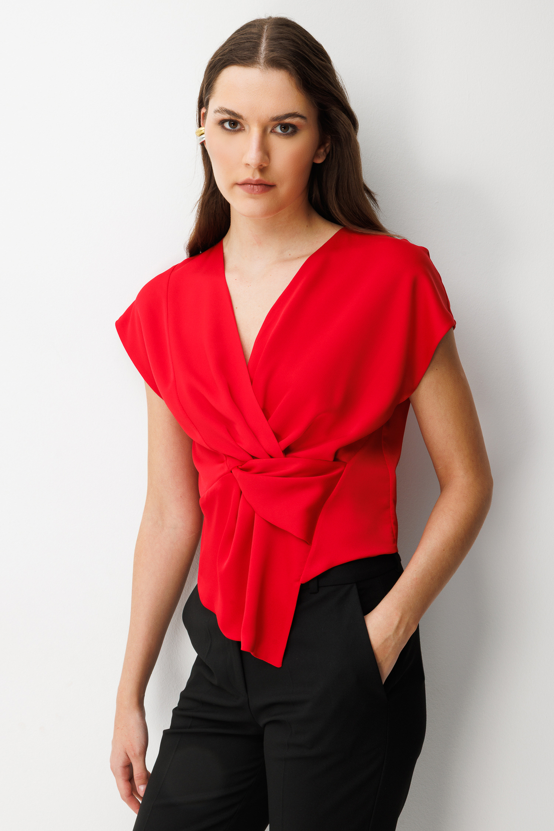 Kuruvaze Drapeli Bluz KIRMIZI