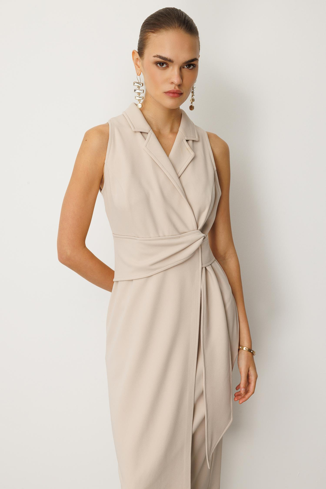 Kuşaklı Kruvaze Elbise BEJ