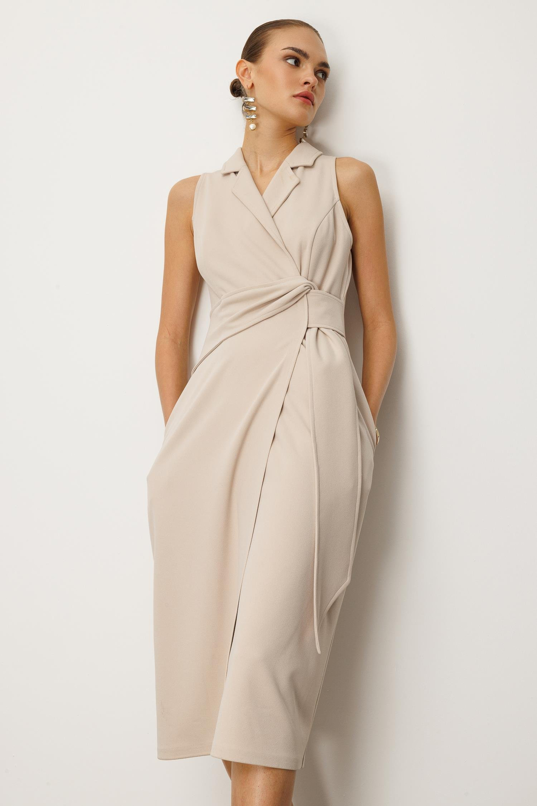 Kuşaklı Kruvaze Elbise BEJ
