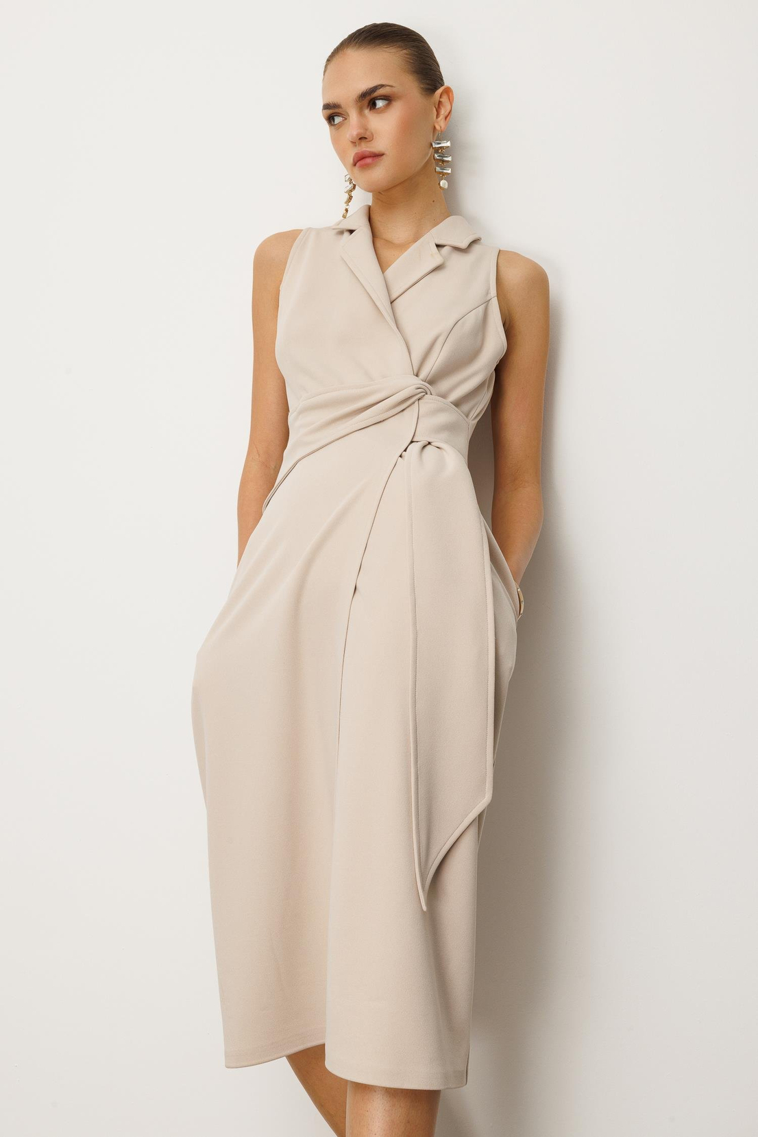 Kuşaklı Kruvaze Elbise BEJ
