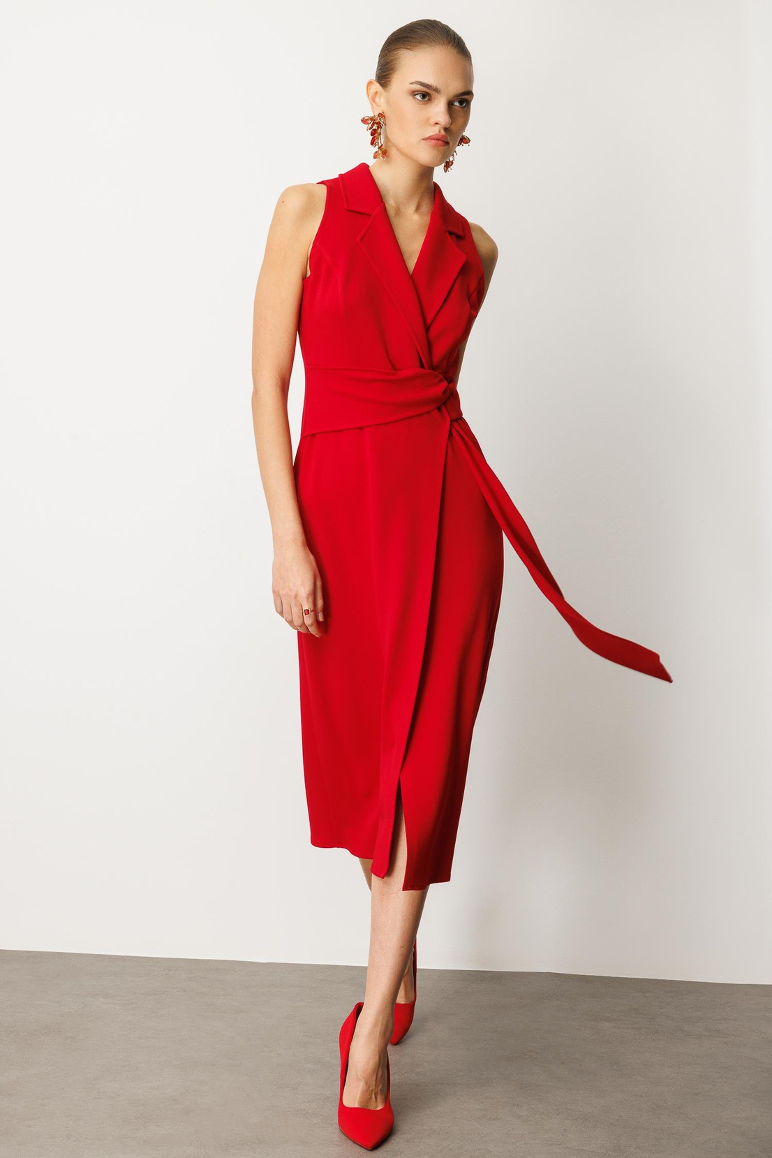 Kuşaklı Kruvaze Elbise KIRMIZI