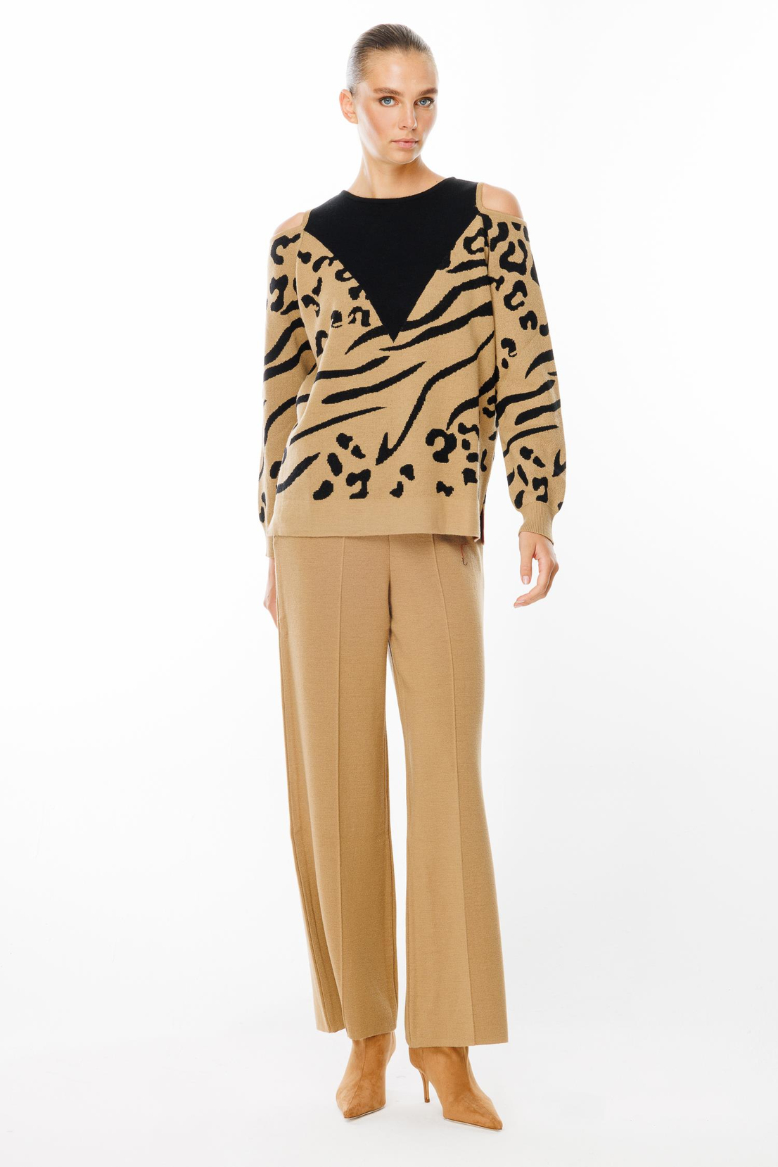 Leopar Desenli Omuz Dekolte Kazak CAMEL-SİYAH