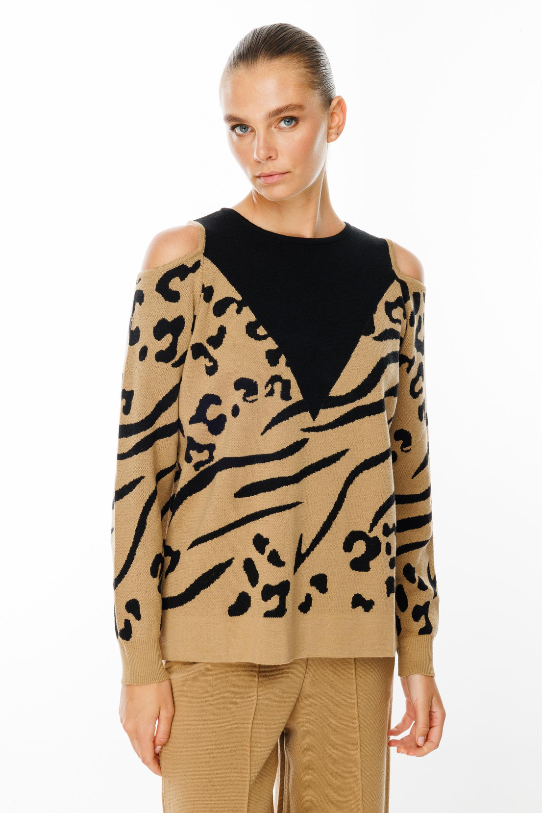 Leopar Desenli Omuz Dekolte Kazak CAMEL-SİYAH