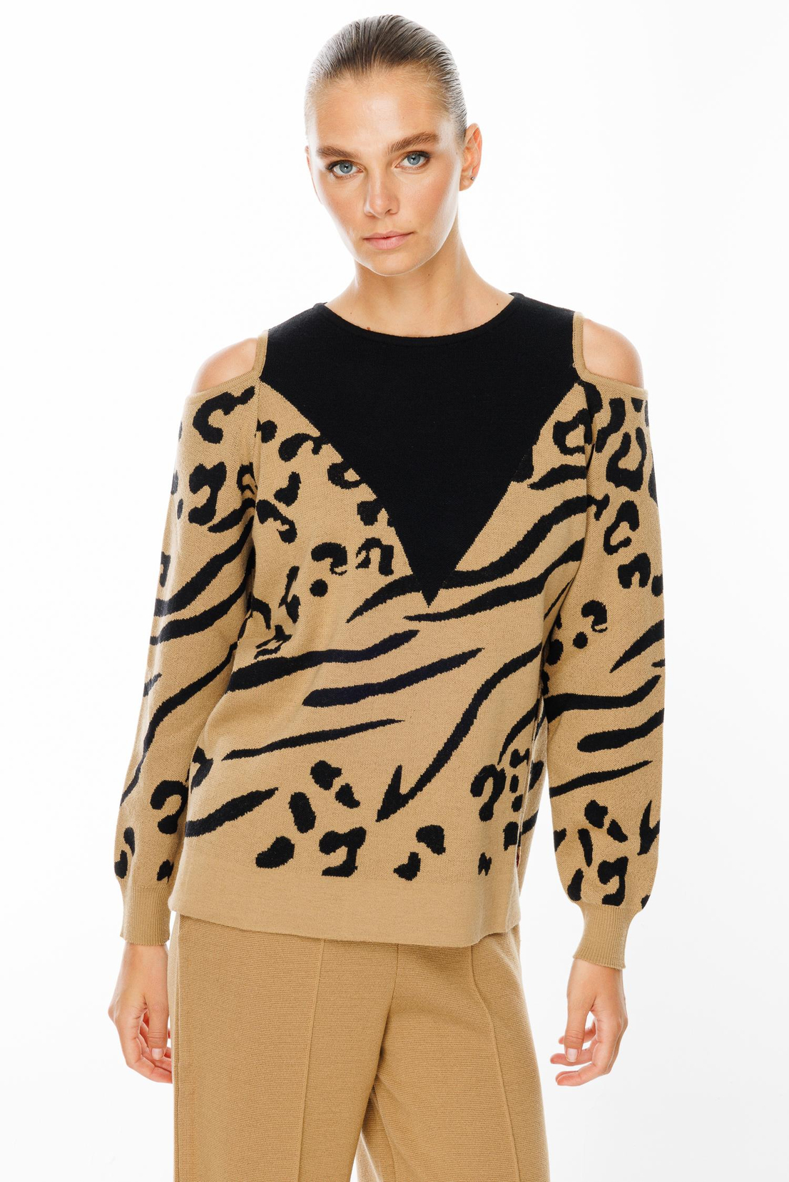 Leopar Desenli Omuz Dekolte Kazak CAMEL-SİYAH