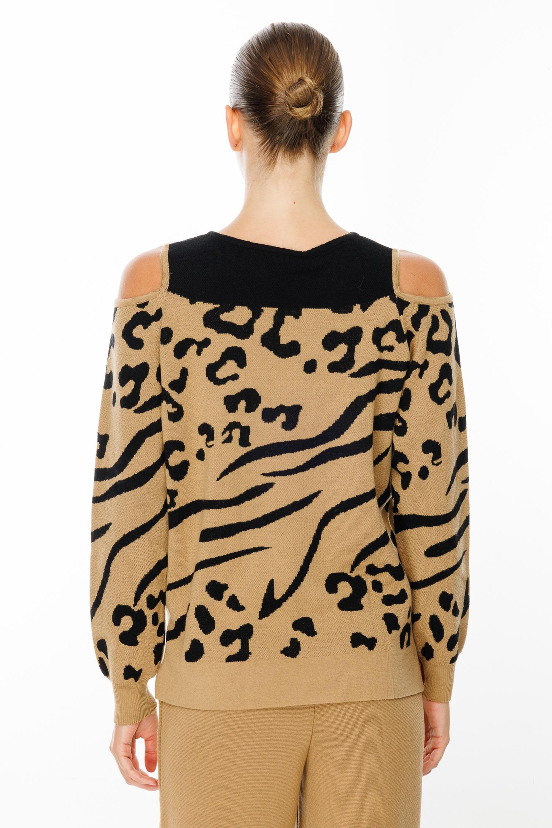 Leopar Desenli Omuz Dekolte Kazak CAMEL-SİYAH