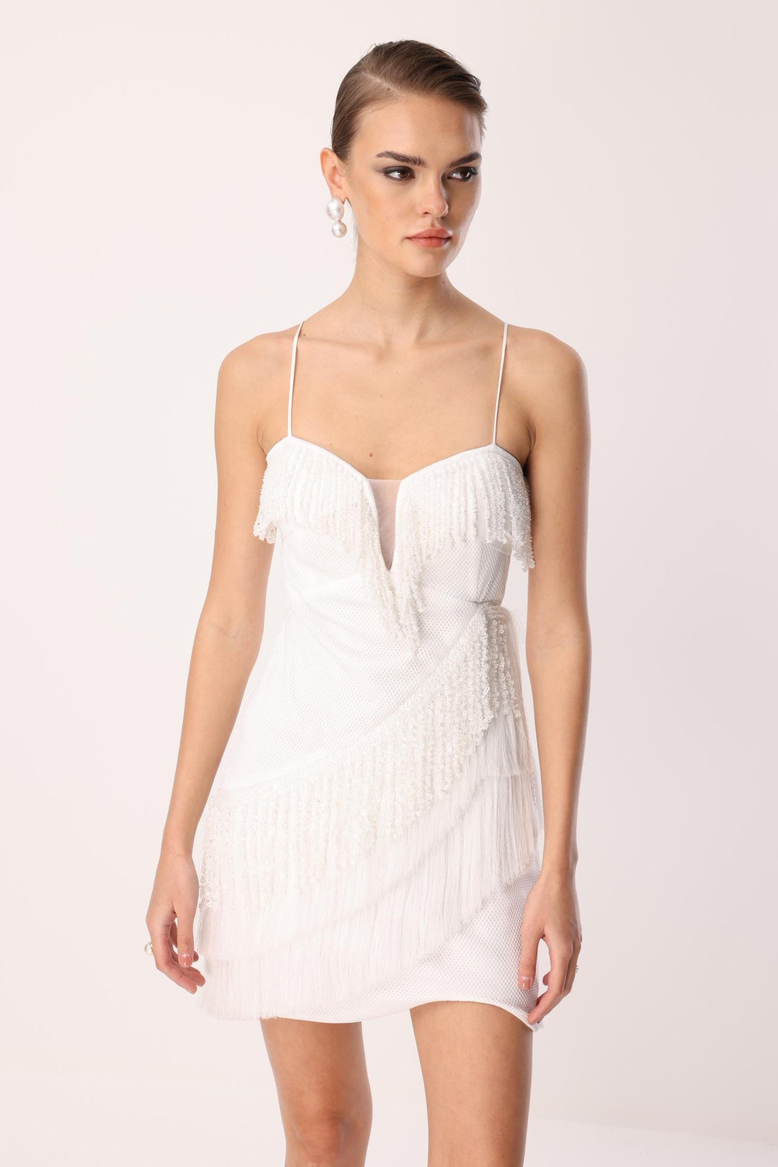 Mini Boy Saçaklı İşlemeli Elbise EKRU