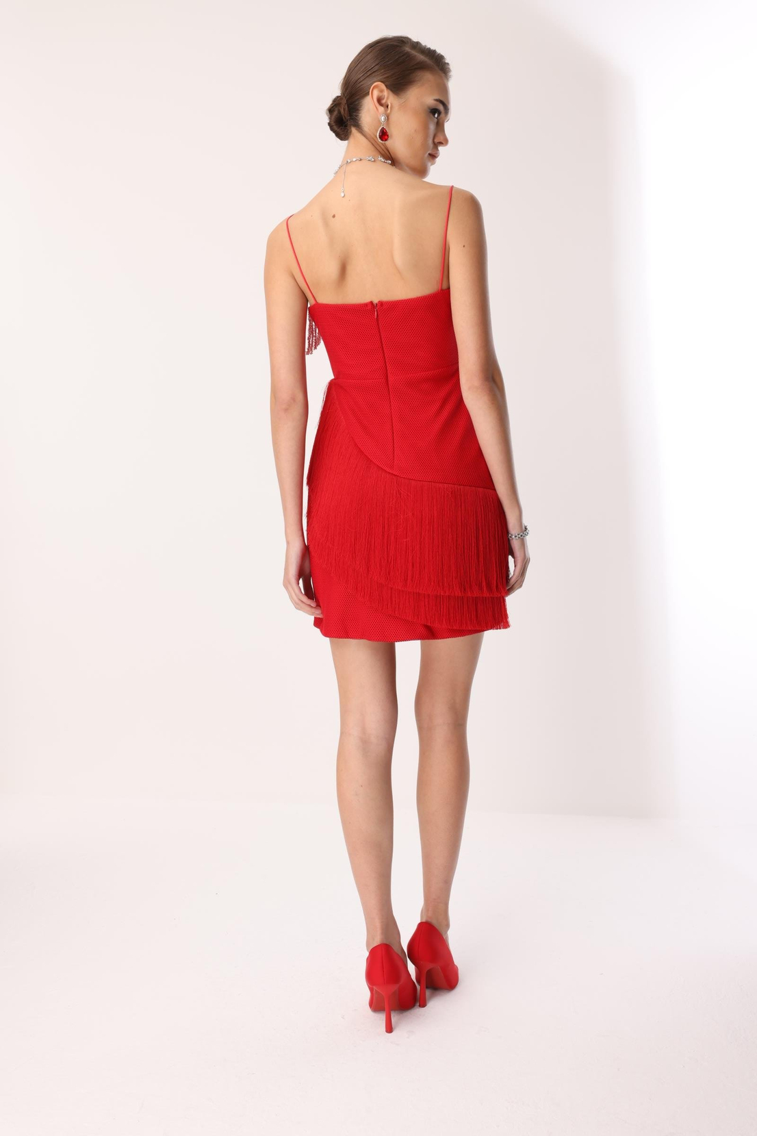 Mini Boy Saçaklı İşlemeli Elbise KIRMIZI