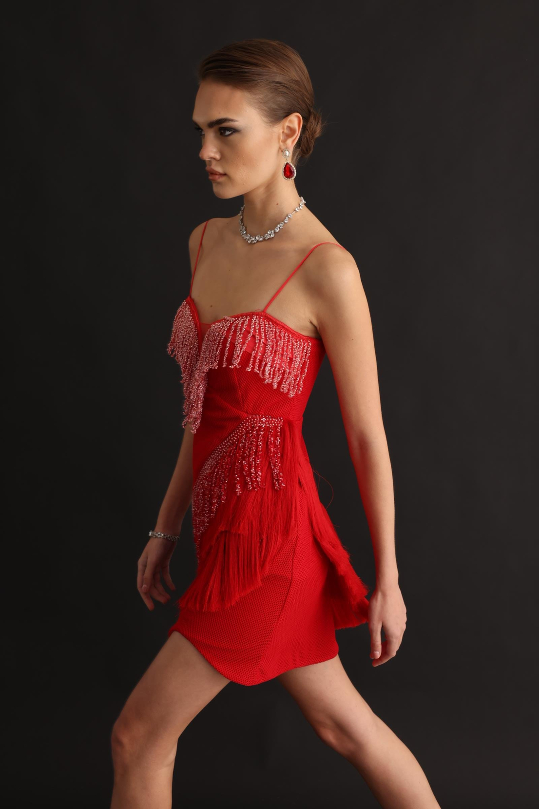 Mini Boy Saçaklı İşlemeli Elbise KIRMIZI