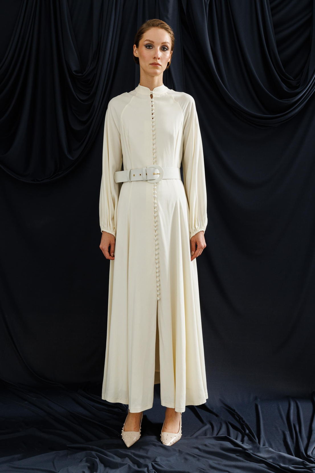 Nefeli Birit Buttoned Belted Ecru Dress