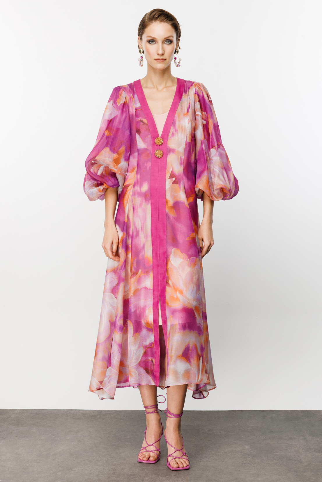 Nefeli Floral Desen Pembe Kemerli Elbise
