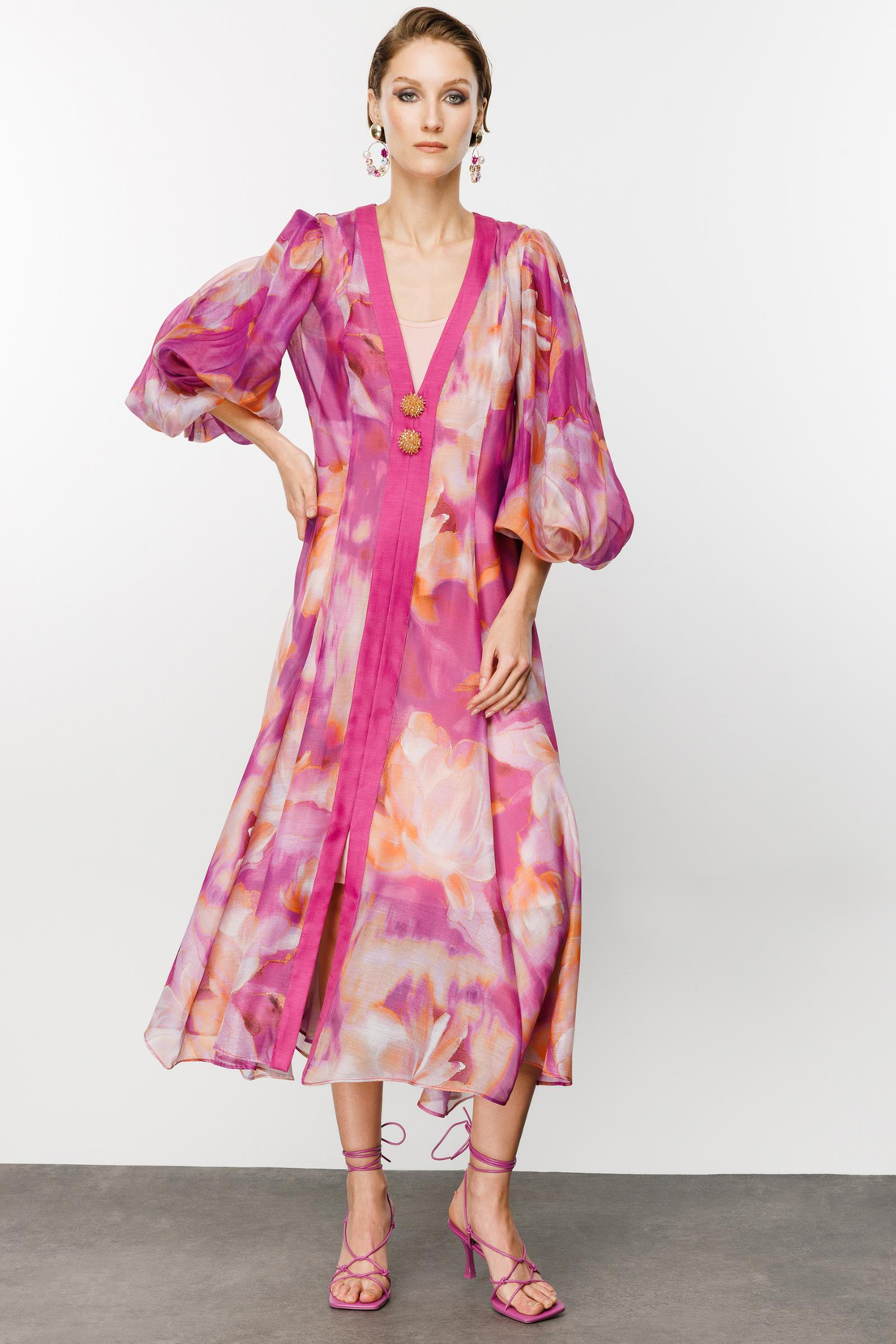 Nefeli Floral Desen Pembe Kemerli Elbise