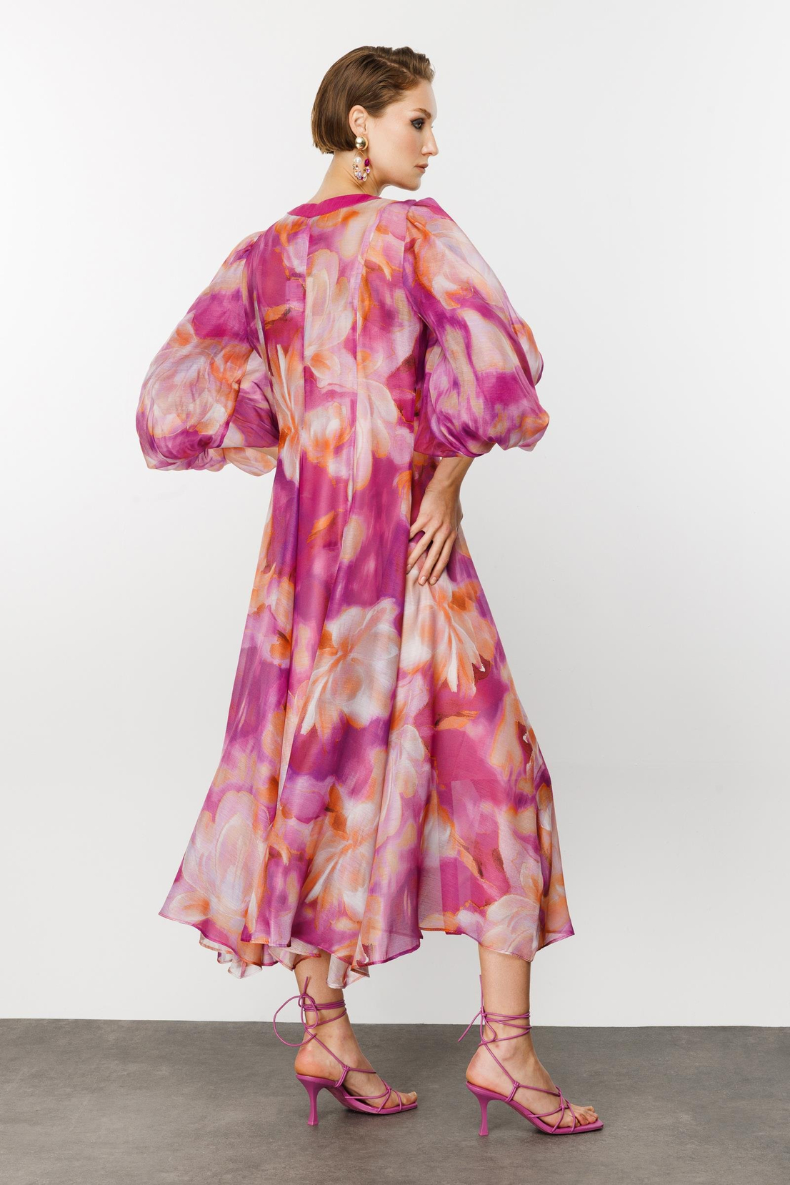 Nefeli Floral Desen Pembe Kemerli Elbise