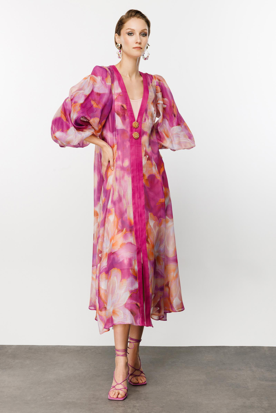 Nefeli Floral Desen Pembe Kemerli Elbise