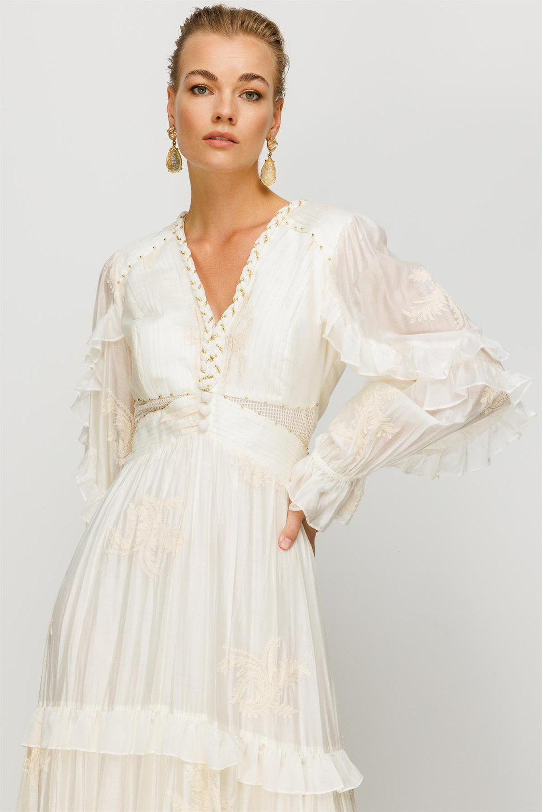 Nefeli İşlemeli Uzun Bel Korsajlı Elbise